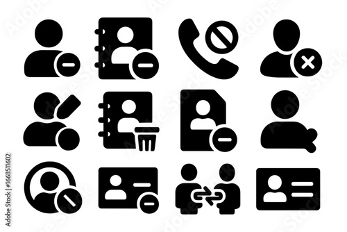 Contact Deletion Icons. Solid style icons of contact deletion: delete contact, phonebook remove, blocked number, contact with X,