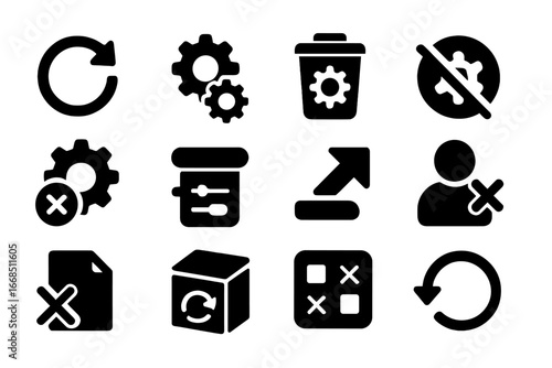System Settings Icons. Solid style icons of system settings deletion: reset button, delete preferences, config trash, clear