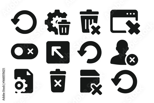 System Settings Icons. Solid style icons of system settings deletion: reset button, delete preferences, config trash, clear
