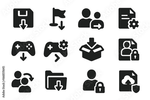 Game Import Icons. Solid style icons of game and save imports: import save game, load checkpoint, profile import icon, game config