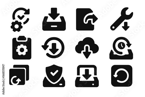 Backup and Restore Icons. Solid style icons of backup and restore installation: restore point setup icon, backup installer tray,