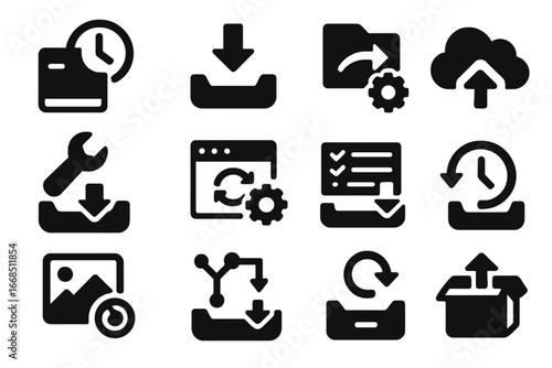 Backup and Restore Icons. Solid style icons of backup and restore installation: restore point setup icon, backup installer tray,
