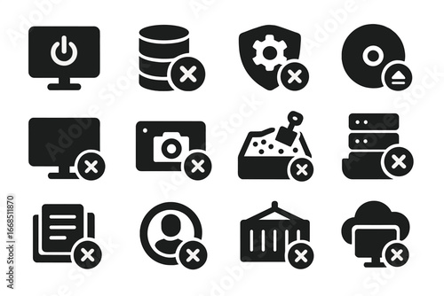 Virtual Machine Icon Set. Solid style icons of virtual machine uninstallation: VM shutdown icon, delete virtual disk, guest tools