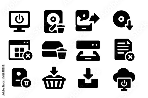 Virtual Machine Icon Set. Solid style icons of virtual machine uninstallation: VM shutdown icon, delete virtual disk, guest tools