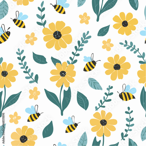 Busy honeybees collecting pollen from colorful flowers
1