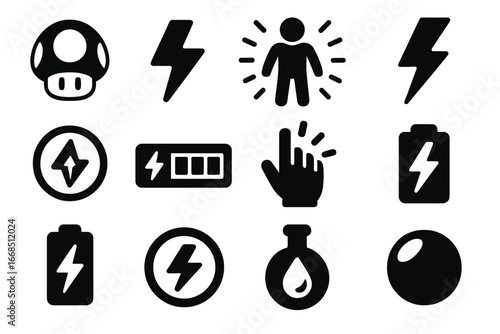 Gaming Power Icons. Solid style icons of power in gaming: power-up icon, energy boost symbol, character with aura, magic energy