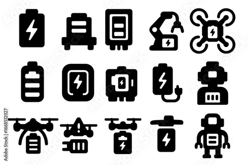 Drone Battery Icons. Solid style icons of battery for drones and robotics: drone battery icon, robot battery tray, quadcopter