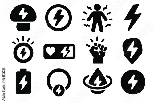 Gaming Power Icons. Solid style icons of power in gaming: power-up icon, energy boost symbol, character with aura, magic energy