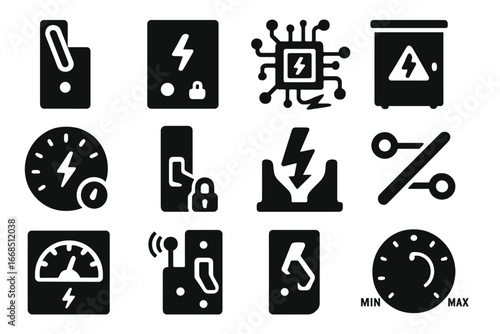 Electrical Control Icons. Solid style icons of electrical control power: breaker switch icon, control panel with bolt, circuit