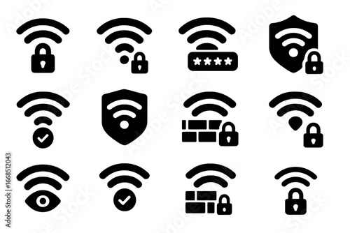 Secure Wi-Fi Icons. Solid style icons of secure Wi-Fi: Wi-Fi lock icon, encrypted network symbol, private hotspot icon,