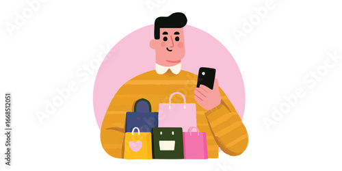 A stylishly dressed individual is shown using a smartphone, surrounded by shopping bags that represent the joy of shopping. The image evokes feelings of pleasure and satisfaction.