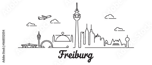 Freiburg Skyline Line Art with Plane Travel, and Germany. with white background