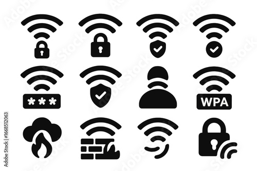 Secure Wi-Fi Icons. Solid style icons of secure Wi-Fi: Wi-Fi lock icon, encrypted network symbol, private hotspot icon,