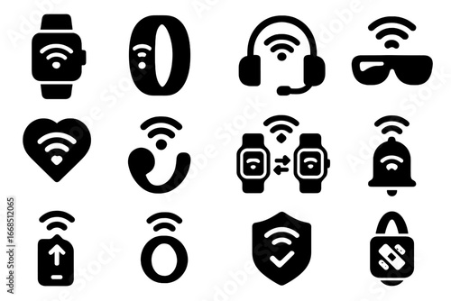 Wi-Fi Wearable Icons. Solid style icons of Wi-Fi on wearable tech: smartwatch with Wi-Fi icon, fitness band signal symbol, headset