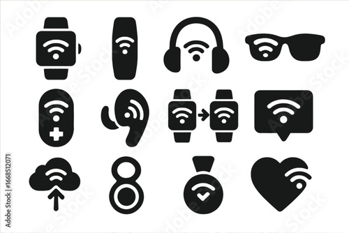 Wi-Fi Wearable Icons. Solid style icons of Wi-Fi on wearable tech: smartwatch with Wi-Fi icon, fitness band signal symbol, headset