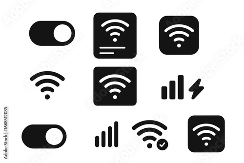 Wi-Fi Icons Design. Solid style icons of Wi-Fi interface design: UI toggle switch, network list dropdown, connection modal icon,