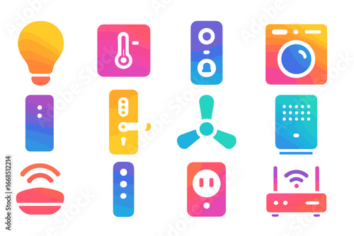 Modern Smart Home Icons. Modern gradient icons of smart home and automation: light bulb, thermostat, doorbell camera, washing