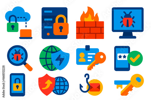 Cybersecurity Elements Icons. Flat vector icons of Cybersecurity Network Elements: encrypted connection, secure server, firewall