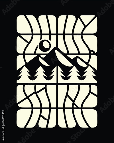 T-shirt Design of a Mountain Landscape Silhouette Art with Trees, a Peak, and the Sun within a Rectangular Blocky Geometric Frame