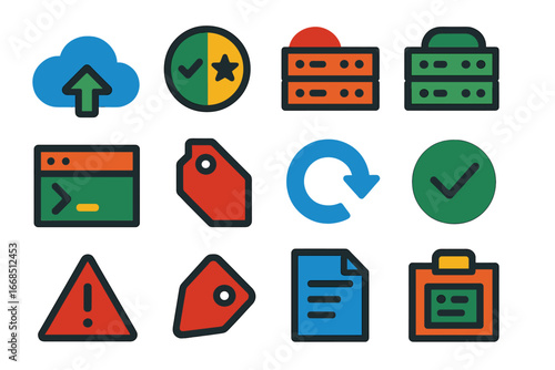 Modern Deployment Icons. Flat vector icons of Code Deployment: cloud upload, build status, staging server, live server, deploy