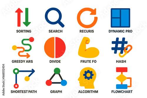 Algorithm Icons Collection. Flat vector icons of Algorithm Types: sorting arrow, search icon, recursion loop, dynamic programming,
