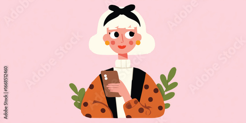A stylish illustration of a young woman absorbed in her mobile phone, with a modern aesthetic, exuding confidence and contemporary chic.