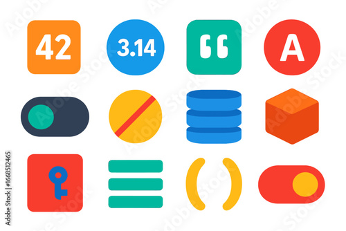 Minimalist Programming Icons. Flat vector icons of Programming Data Types: integer block, float icon, string symbol, char letter,