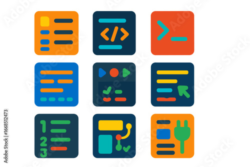 Minimalist IDE Icons. Flat vector icons of IDE Interfaces: file explorer, code tab, terminal pane, output window, toolbar icons,