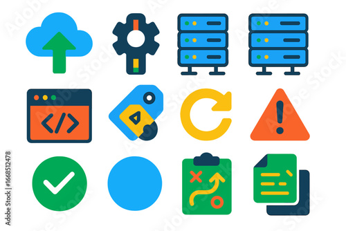 Modern Deployment Icons. Flat vector icons of Code Deployment: cloud upload, build status, staging server, live server, deploy