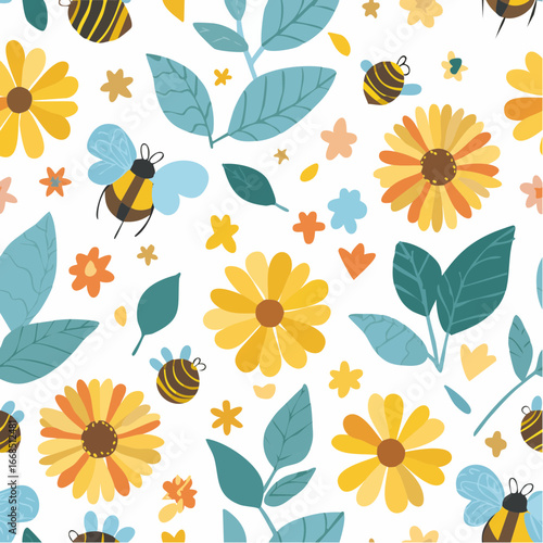 Busy honeybees collecting pollen from colorful flowers
3