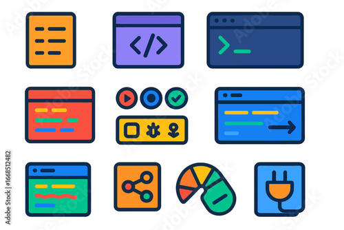 Minimalist IDE Icons. Flat vector icons of IDE Interfaces: file explorer, code tab, terminal pane, output window, toolbar icons,
