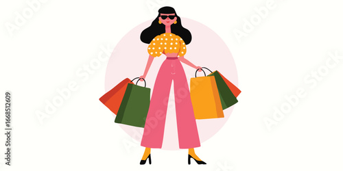 A fashion-forward woman carries shopping bags, embodying style, glamour, and retail therapy. This graphic illustration perfectly captures the essence of a stylish shopper with vibrant shopping bags.