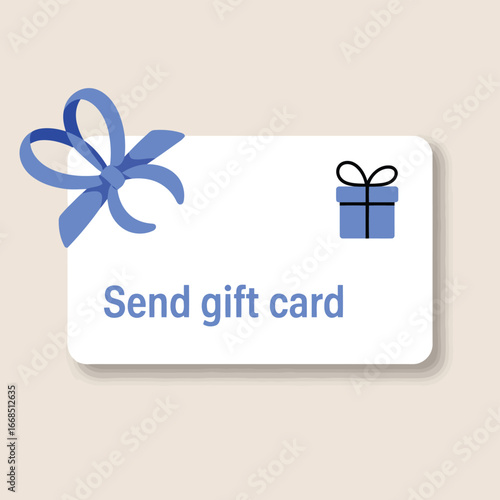White gift card with blue ribbon and gift box illustration and text send gift card