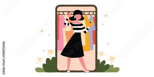 A stylish woman strikes a pose, immersed in a virtual wardrobe experience. She interacts with her wardrobe in an immersive, digital interface, bringing the convenience of online shopping to life.