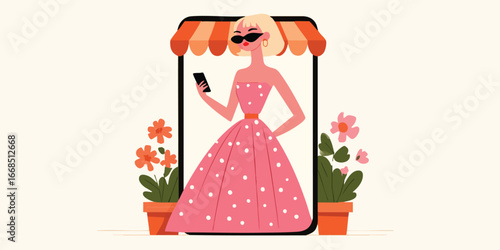A stylish woman adorned in a pink gown and sunglasses confidently holding a smartphone. Within a mobile device featuring a sunshade, accompanied by blooming flowers.