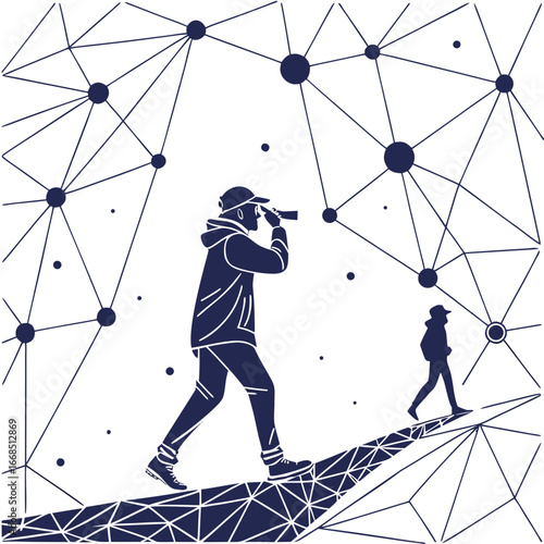 Explorers Walking with Telescope under Geometric Starry Sky