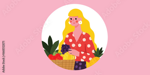 A captivating illustration depicts a woman surrounded by fresh fruit and vegetables, embodying the essence of wholesome living and vibrant health.