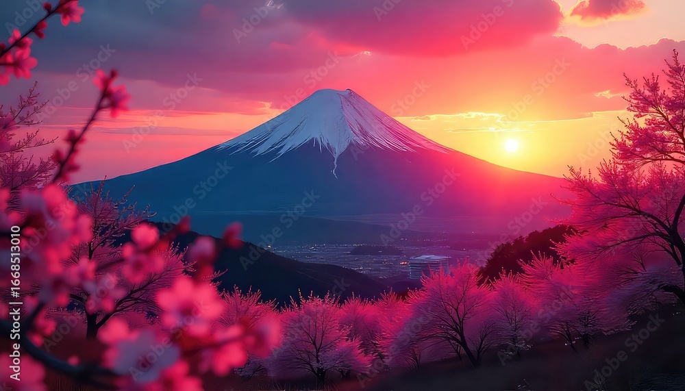 Fototapeta premium Mount fuji at sunset with cherry blossoms in foreground and pink and orange sky with some clouds