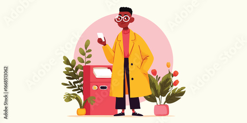 A well-dressed individual, engrossed in their smartphone, stands beside an automated teller machine (ATM). The scene, an illustration, evokes a modern and tech-savvy ambiance.