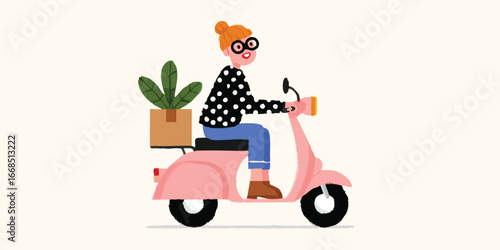 A vibrant illustration depicts a cheerful young woman on a stylish pink scooter, effortlessly transporting a potted plant, symbolizing both urban life and the blend of practicality and style.