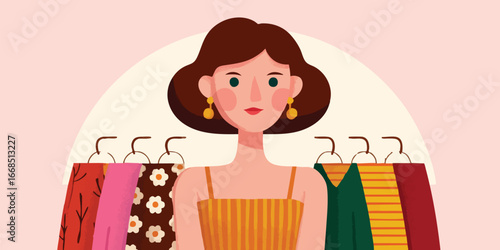 A stylish woman ponders the selection of fashionable apparel hanging on a rack, offering a snapshot of a modern, chic shopping scene.