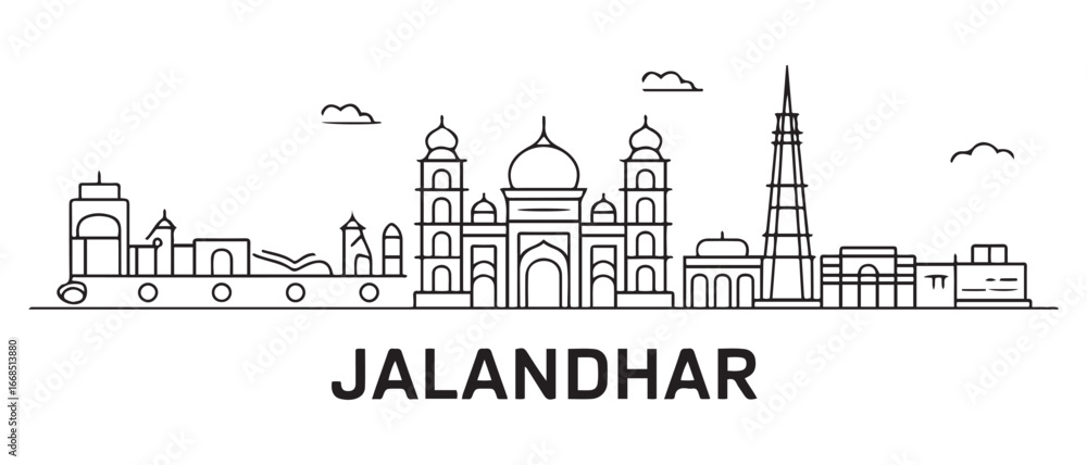 Obraz premium Jalandhar Line Art skyline with India, outline, and travel. with white background
