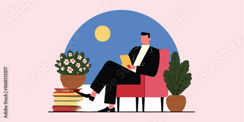 A moment of tranquility captured, a man finds solace in a serene scene, absorbed in his book. This illustration captures the essence of relaxation and introspection.