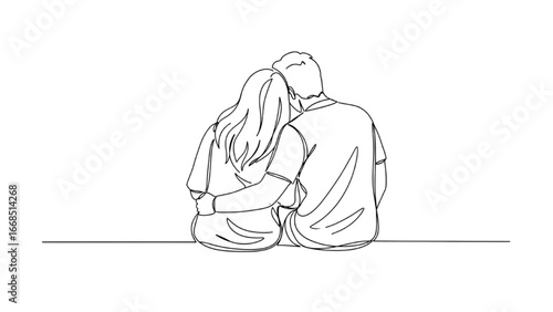 Continuous Line Drawing of a Couple Sitting Together, Back View, Minimalist Art