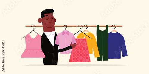 A stylish man admiring an array of colorful clothing displayed on hangers, exploring the realm of fashion and the art of putting together a beautiful ensemble.