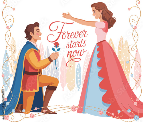 Cartoon prince proposing to princess with rose, romantic fairy tale couple, fantasy scene, love story moment, classic animated illustration