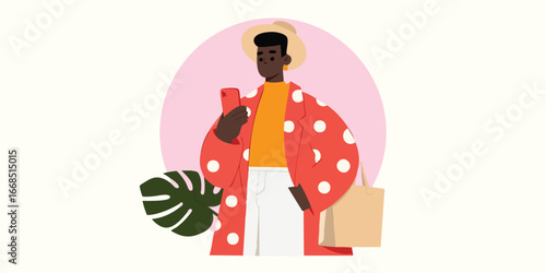 A fashion-forward man is seen holding a smartphone and carrying a bag, while donning a stylish hat and jacket with a tropical touch.