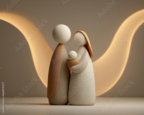 Minimalist Nativity Scene with Modern Abstract Figures Featuring a Holy Family in Soft Earth Tones and Elegant Curved Background