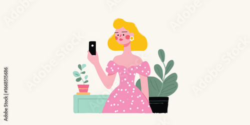 A charming woman takes a selfie, capturing the moment with a modern touch, a vibrant illustration perfect for digital use, reflecting the essence of contemporary life.