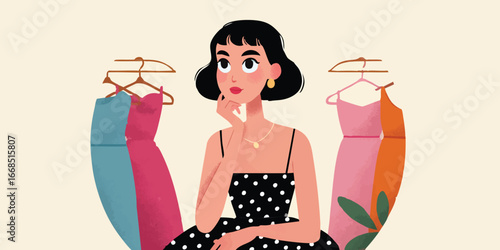 A thoughtful woman contemplates the dresses to be worn, surrounded by the array of colourful clothing. Choosing between dresses reflects the beauty and fashion.